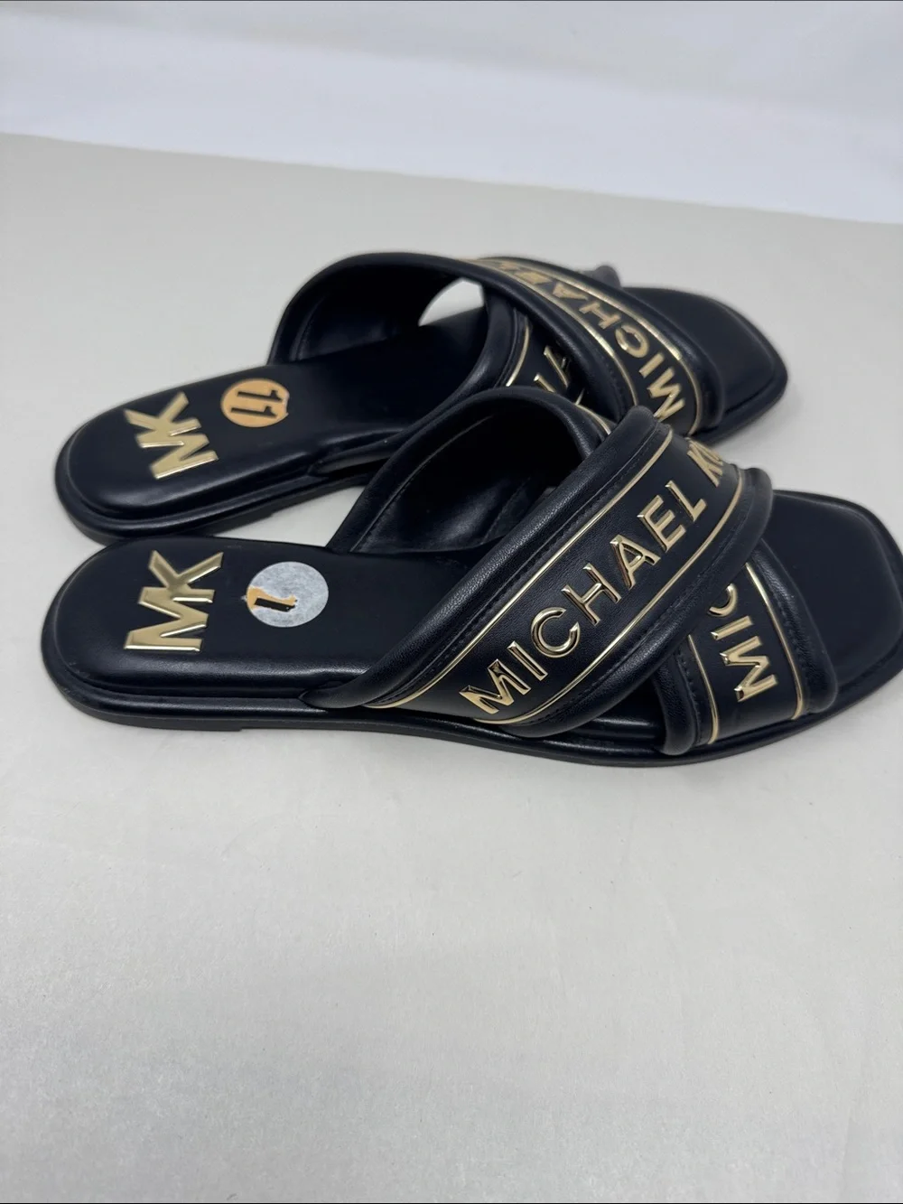 MK MICHAEL KORS GIDEON SLIDE WOMEN'S SHOES SIZE 11 CRISS CROSS GOLD BLACK SANDAL